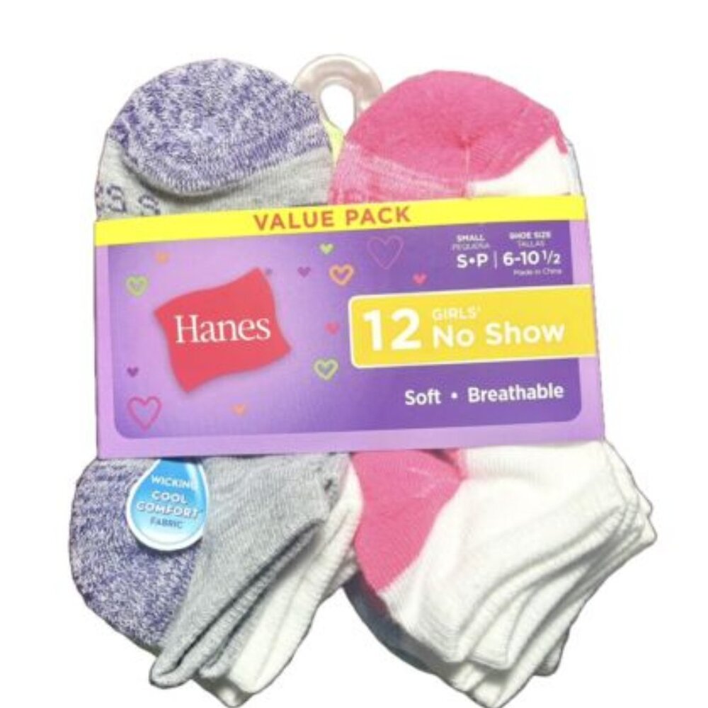 NEW - Hanes Girls - Cool Comfort - No Show Socks - 12 Pack - Large